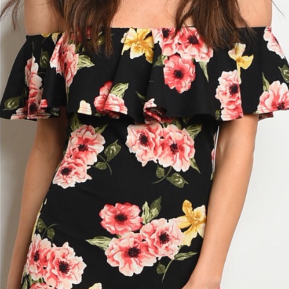 Black Floral Peplum Off The Shoulders Midi Dress - Picture 2 of 11